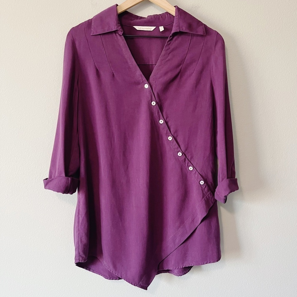 Soft Surroundings Washed Tencel Tunic Top Purple Grape Size XS Wrap Front #2AH51